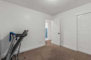 Workout room with a textured ceiling, carpet, and baseboards