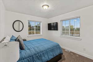 Bedroom featuring baseboards, a textured ceiling, and dark carpet