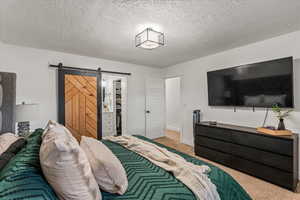 Carpeted bedroom with a barn door, a walk in closet, a textured ceiling, and baseboards