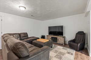 Living room with wood finished floors, baseboards, and a textured ceiling