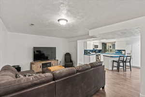Living area featuring light wood-style flooring and a textured ceiling