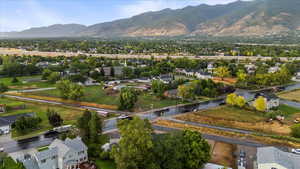 Aerial view of residential area with mountains