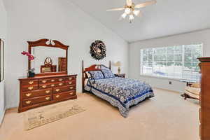 Carpeted bedroom with lofted ceiling, baseboards, and ceiling fan