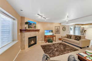 Living area featuring light carpet, rail lighting, a fireplace, and baseboards