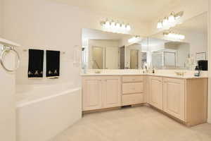 Full bathroom featuring a bath, double vanity, and a shower