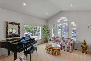 Living area featuring plenty of natural light, carpet floors, lofted ceiling, baseboards, and recessed lighting