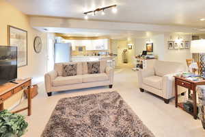 Living area featuring light colored carpet, a desk, and track lighting