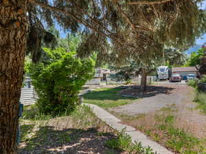 View of yard with fence and gravel driveway