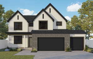 View of front of property featuring fence, brick siding, driveway, and a shingled roof