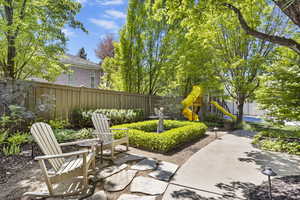 View of patio / terrace featuring a playground and a fenced backyard
