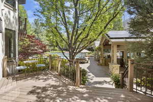 Deck with a patio and a swimming pool