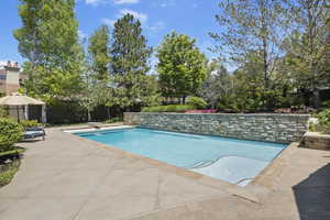 View of swimming pool with fence and a patio area