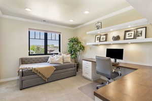 Office area with light colored carpet, recessed lighting, baseboards, and crown molding