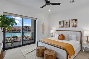 Bedroom featuring carpet floors, access to exterior, recessed lighting, and a ceiling fan