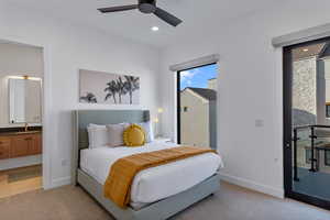 Bedroom featuring light carpet, baseboards, access to outside, connected bathroom, and recessed lighting