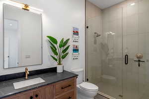 Bathroom featuring toilet, a shower stall, and vanity