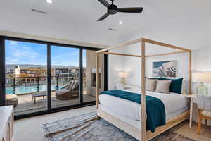 Bedroom with access to exterior, carpet flooring, recessed lighting, and ceiling fan