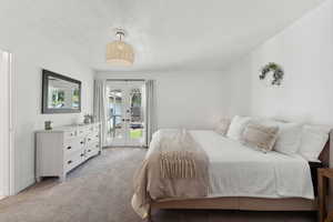 Bedroom featuring french doors, light colored carpet, and access to outside