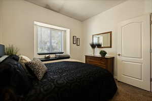 Bedroom with dark carpet
