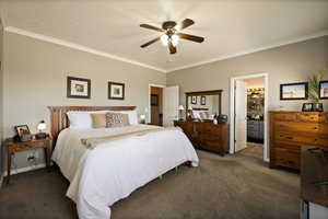 Carpeted bedroom featuring ornamental molding, a ceiling fan, ensuite bathroom, and baseboards