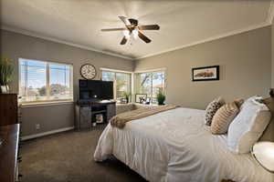 Bedroom featuring dark colored carpet, multiple windows, baseboards, ornamental molding, and a ceiling fan