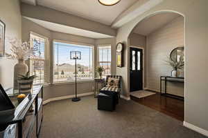 Living area with carpet floors, plenty of natural light, arched walkways, baseboards, and wood walls
