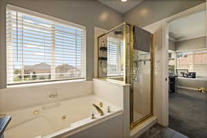 Full bathroom featuring a shower stall, a tub with jets, and crown molding