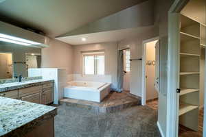 Bathroom with a shower stall, a garden tub, vanity, and vaulted ceiling