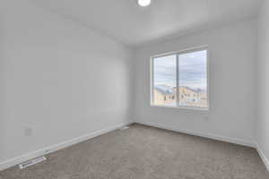 Unfurnished room featuring carpet floors, baseboards, and vaulted ceiling