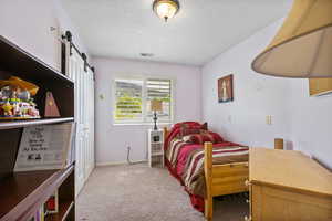 Carpeted bedroom with a textured ceiling, a barn door, and baseboards