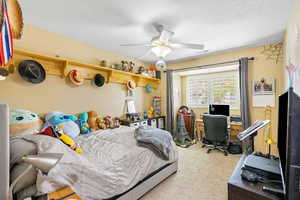 Carpeted bedroom with a textured ceiling and ceiling fan