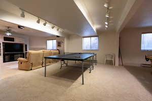 Rec room featuring rail lighting, baseboard heating, carpet flooring, and plenty of natural light