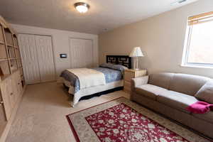Bedroom with multiple closets, light carpet, and a textured ceiling