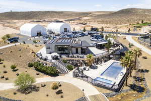 Drone / aerial view of a desert landscape and mountains