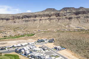 Aerial view of residential area with mountains