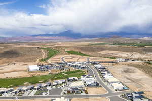 Aerial view of residential area with mountains and a desert landscape