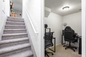Carpeted office space featuring a textured ceiling and baseboards