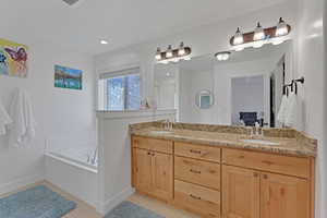 Full bath with separate shower and double vanity with lots of storage