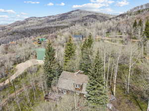 View of subject property with mountains and a heavily wooded area