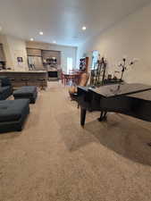 Playroom featuring light colored carpet and recessed lighting