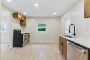 Kitchen with stainless steel appliances, a sink, light wood-type flooring, healthy amount of natural light, and recessed lighting