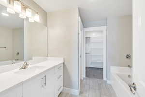 Bathroom featuring a tub to relax in, a spacious closet, vanity, and baseboards