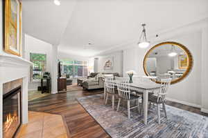 Spacious dining area with an efficient electric fireplace