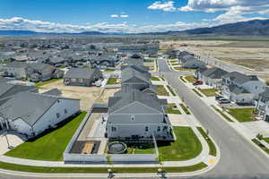 Aerial perspective of suburban area with mountains