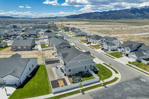 Aerial perspective of suburban area with mountains