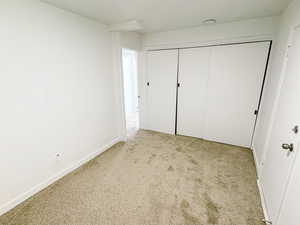 Unfurnished bedroom featuring carpet floors, a closet, and baseboards