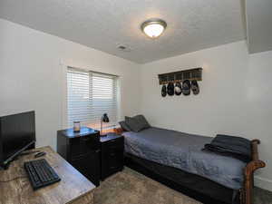 Carpeted bedroom featuring a textured ceiling and a desk