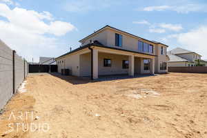 Back of house featuring stucco siding and cooling unit