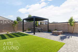 View of yard with a hot tub and a patio area