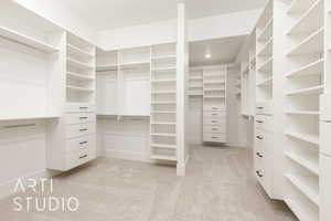 Walk in closet with light colored carpet